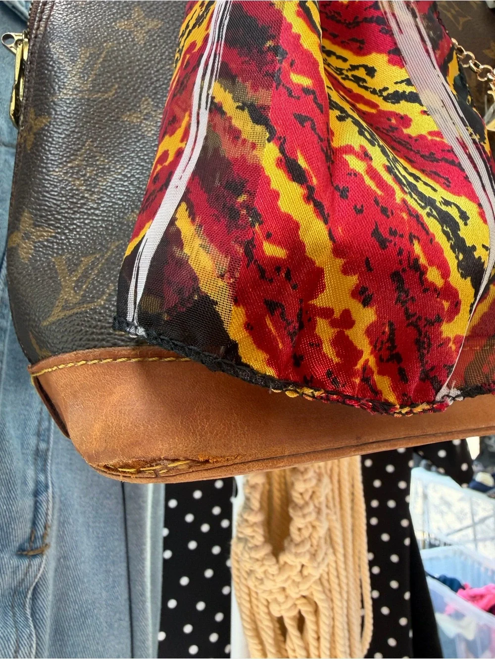 Louis Vuitton Brown Monogram Alma with Red and Yellow Scarf Accent